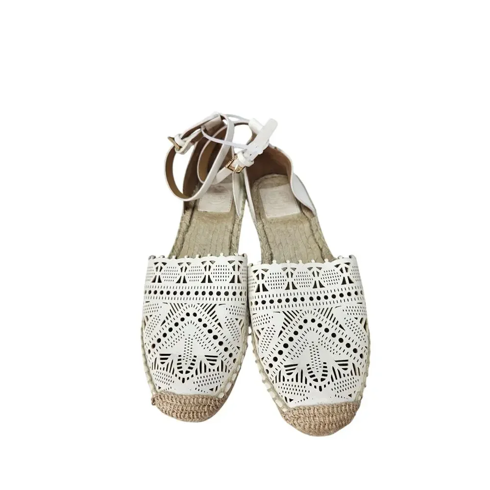 Tory Burch 7 Clarice White Cut Out Espadrille Sandal Boho Coastal Casual Preppy